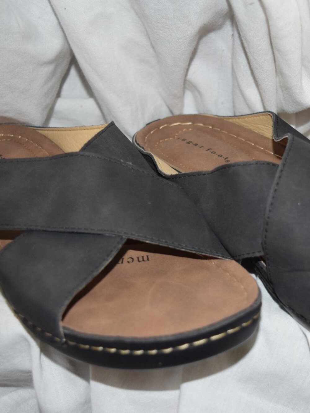 Sugar Foot Bandy Slide Sandals Black Two Cross Straps Flat~ Women’s Size 12
